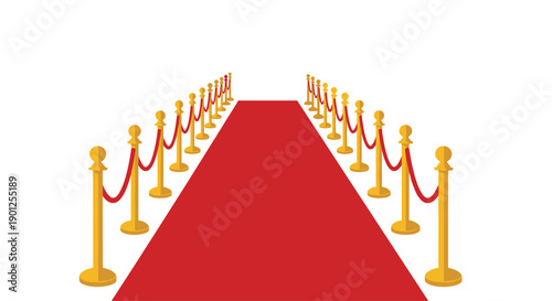 Elegant Red Carpet Event Aisle Leading into the Distance, Lined with Golden Stanchions.