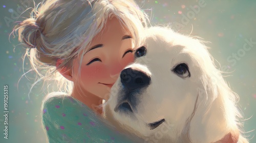 Happy girl hugging golden retriever digital art illustration