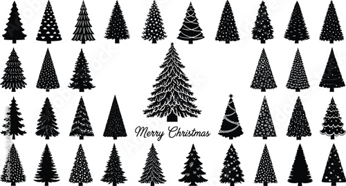 Black and white christmas trees with merry christmas text silhouette
