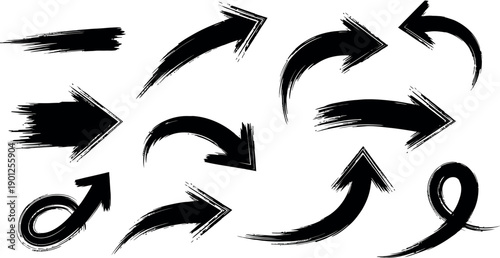 Collection of diverse black paint brush stroke arrows on a white background