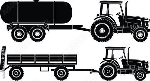 Farm tractor with tanker and cargo trailer icons set agricultural transport vehicle silhouettes vector illustration isolated on white background