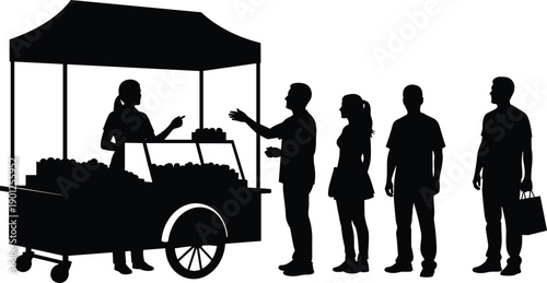 Silhouette of people waiting in line at a street food market stall, vendor serving customers at outdoor kiosk, urban festival snack cart,
