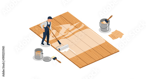 Worker Applying Clear Varnish to Wooden Floorboards with a Roller in an Isometric Perspective.