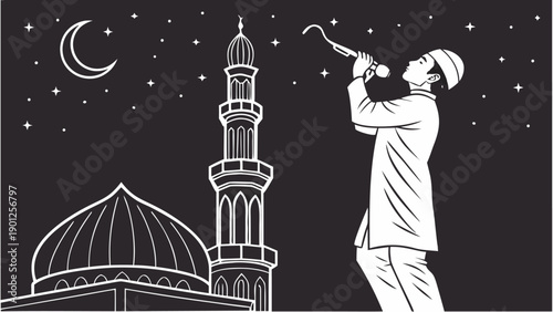 Man in traditional attire blowing horn near mosque under starry night sky