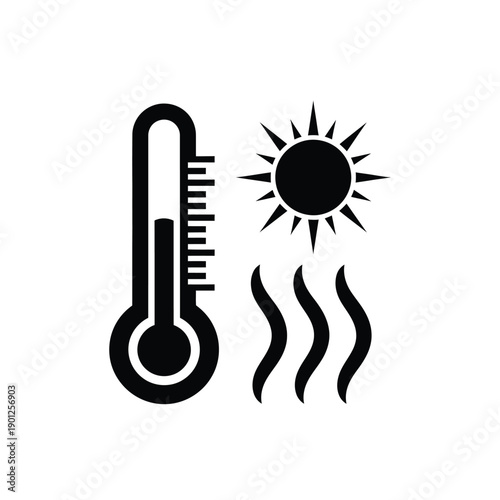Black icon of a thermometer with rising heat lines and sun on a indicating hot weather conditions