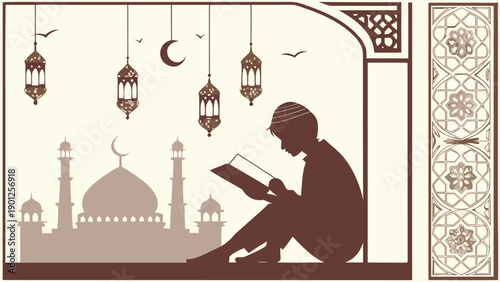 Man reading Quran in peaceful mosque environment at night