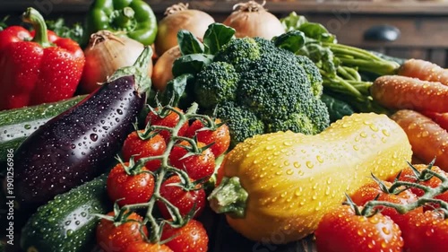 Fresh vegetables on a wood surface including tomatoes broccoli peppers squash eggplant and onions all covered in water droplets