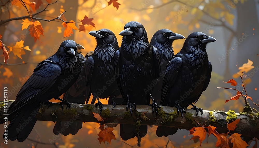 Obraz premium A flock of five ebony birds perched together on a branch, autumn leaves surround them in an ochre-toned forest