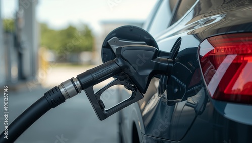 Close-up of a car's fuel tank being filled at a gas station with a nozzle inserted