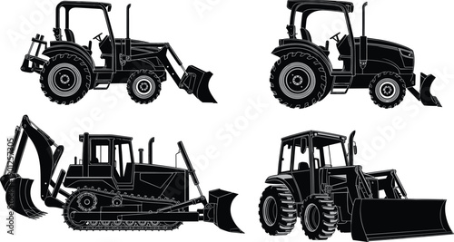 Construction machinery icons set with tractor bulldozer and loader silhouettes heavy equipment vehicles vector illustration isolated on white background