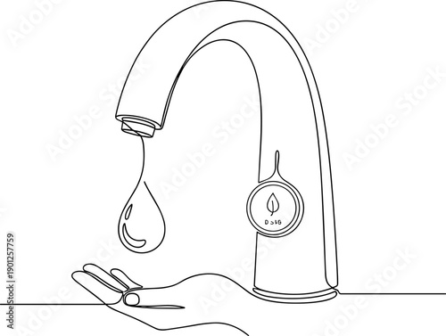 Continuous Line Art Vector Illustration: Hand Catching a Precious Water Drop from a Dripping Faucet with Eco Leaf Symbol | Global Water Scarcity and Conservation Concept Design