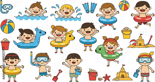 Cute kids swimming and playing at beach with inflatable rings sand toys vector set