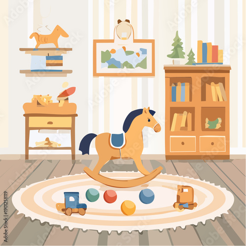 Nursery Decor with Rocking Horse and Toys A Child's Playroom Scene