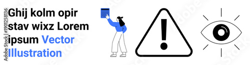 Education, communication, awareness, warning, vision, information sharing. Illustration of person holding book, exclamation mark sign and eye symbol. Focus on education and communication concepts