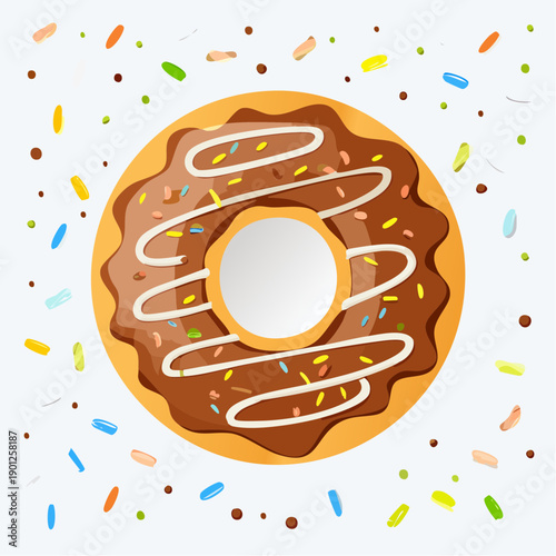 Sweet chocolate donut with white glaze and colorful sprinkles, a tempting sugary dessert graphic art