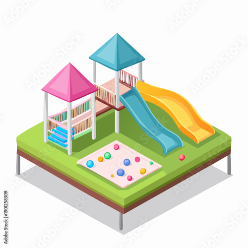 Children's playground isometric illustration with slides and sandbox for outdoor activities