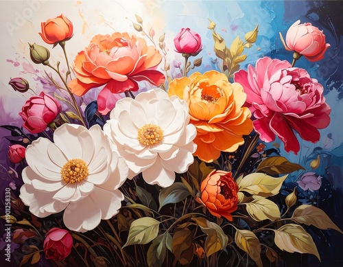 Colorful floral arrangement; roses, peonies, and leaves set against painted blue, purple, & white background