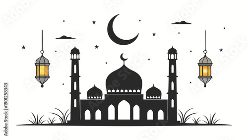 Beautiful mosque silhouette under crescent moon with lanterns