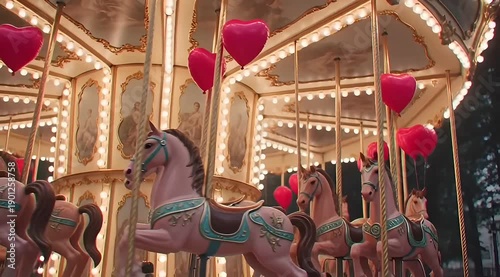 Vibrant evening scene of heart-shaped decorated merry-go-round with people