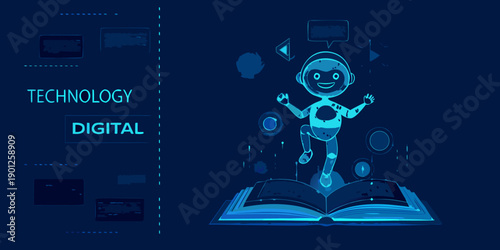 Digital learning with a robotic character and open book illustration