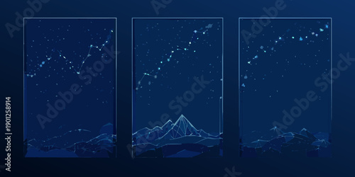 A triptych depicting a night sky with constellations over mountains