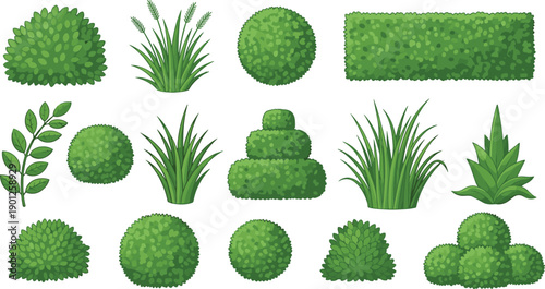 Cartoon garden plants illustration set, green bushes grass hedges, landscape foliage elements, nature assets, flat vector style