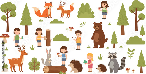 Cute forest animals and kids camping adventure illustration set with trees wildlife nature