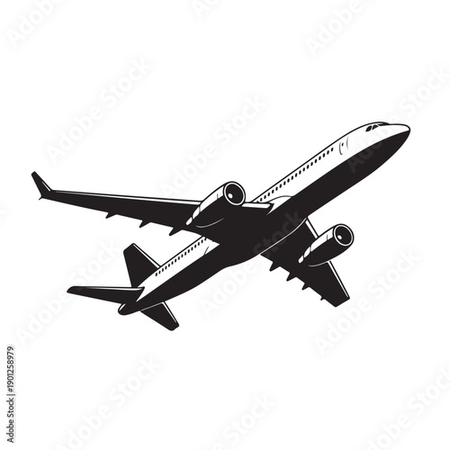 Passenger airplane black silhouette isolated vector illustration on white background, commercial flight