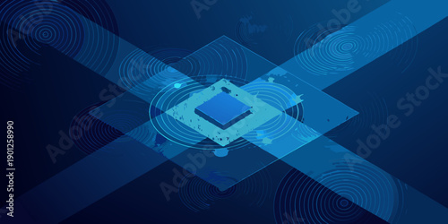 Abstract blue geometric design featuring concentric circles and diamond shapes