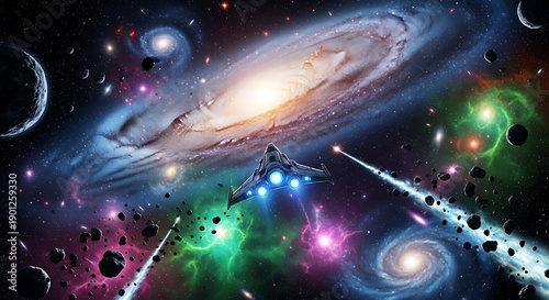 Futuristic spaceship journeying through a vibrant with colorful, and galactic galaxy. © ties.studio