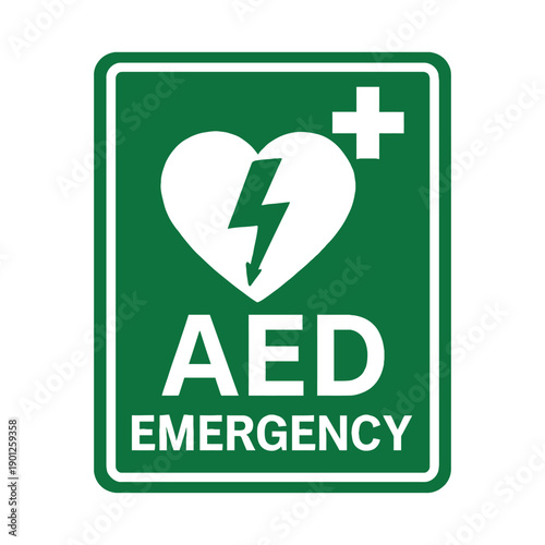 Automated external defibrillator AED green emergency sign icon with heart lightning symbol, on white background