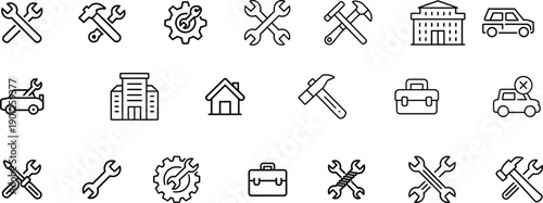 Repair maintenance tool icons set, wrench hammer spanner gear toolbox vehicle service building home repair vector outline collection minimal line