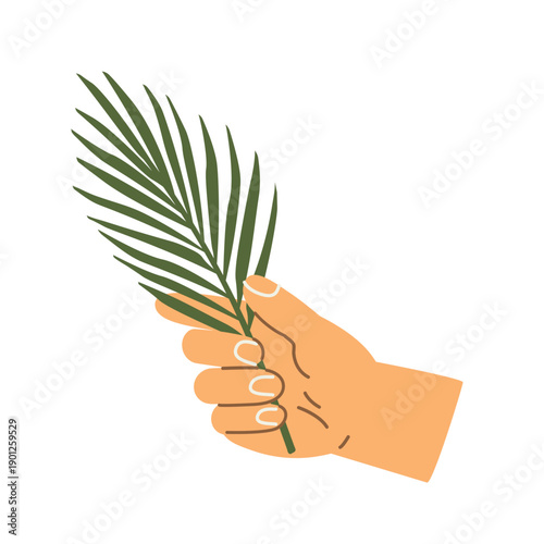 hand holding palm leaf as a symbol of Easter and Palm Sunday, religious tradition and spring celebration concept, Christian holiday - vector illustration