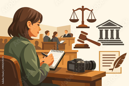 Courtroom Legal Reporting Scene with Journalist Taking Notes and Camera