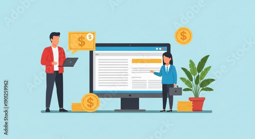 A vector graphic illustration of a man and woman standing next to a computer monitor with a website on the screen surrounded by money and a potted plant
