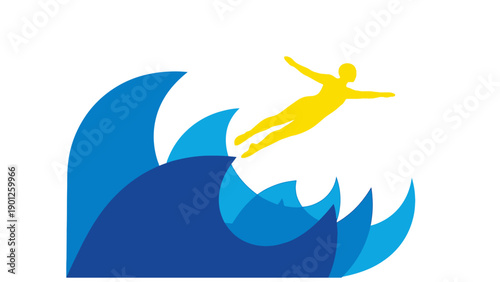 Abstract Swimmer Silhouette Leaping Over Blue Ocean Waves. Dynamic Water Sport, Diving, or Freedom Concept Logo Illustration.
