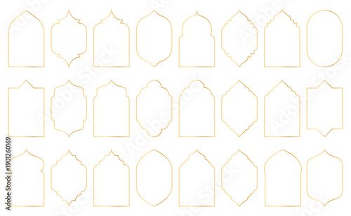 Islamic golden frames collection. Traditional Arabic door and window frames. Oriental mosque arch in luxury style. Set of outline Arabic golden frames and windows with Islamic geometric patterns