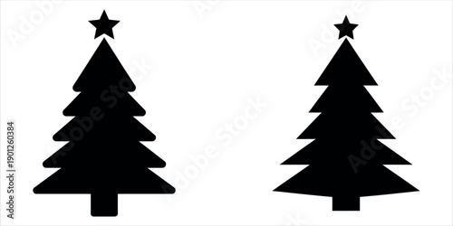 Black Christmas trees with star on white background vector illustration.