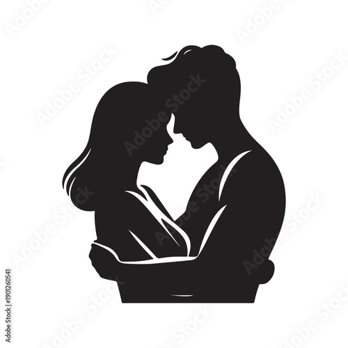 Silhouette of romantic couple embracing closely, minimal black vector illustration symbolizing love and emotional bond