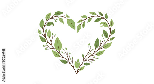 Nature conservation illustration of a heart-shaped wreath made of green leaves and branches, symbolizing environmental protection and eco-friendly design on a clean white background.