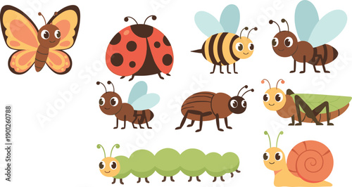Cute Insect Cartoon Vector Set with Butterfly Ladybug Bee Ant Caterpillar and Snail Characters