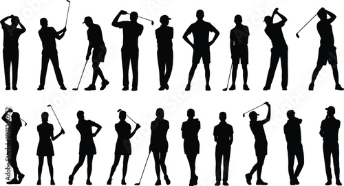 Cartoon silhouette illustration of golfers in multiple stances with clubs, symbolizing sports, recreation, competition, and dynamic athletic movement.