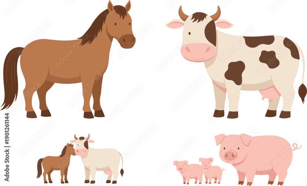 Obraz premium Farm Animals Cartoon Vector Set with Horse Cow Pig and Baby Livestock Illustration