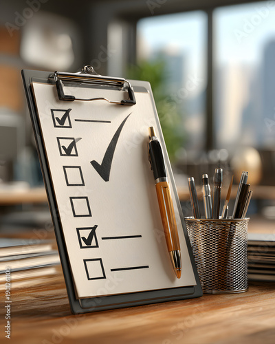 Wallpaper Mural Compliance checklist clipboard with check mark, approval concept on office desk Torontodigital.ca