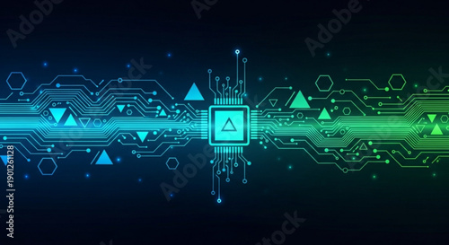 A futuristic circuit board design with glowing blue and green lines and triangles on a dark background
