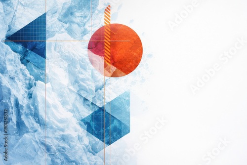 Abstract conceptual composition combining arctic ice textures with geometric shapes, grid overlays and a bold red circular element, symbolizing climate change, global warming, data analysis and enviro