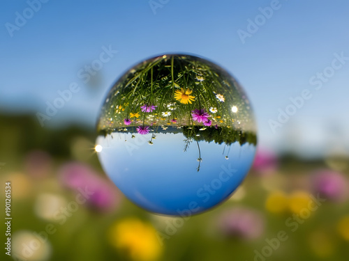 Macro shot of flowers through a water droplet with transparent background