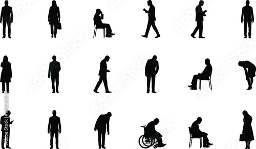 People daily activity silhouettes illustration set, standing walking sitting poses, men women actions, black flat vector collection design