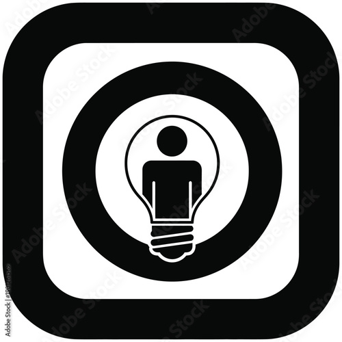 Black and white icon of a person inside a light bulb on a square background with rounded corners