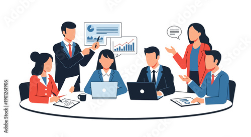 Business professionals in a dynamic meeting collaboratively analyze data, discuss strategic plans, and foster teamwork for successful project execution and corporate growth